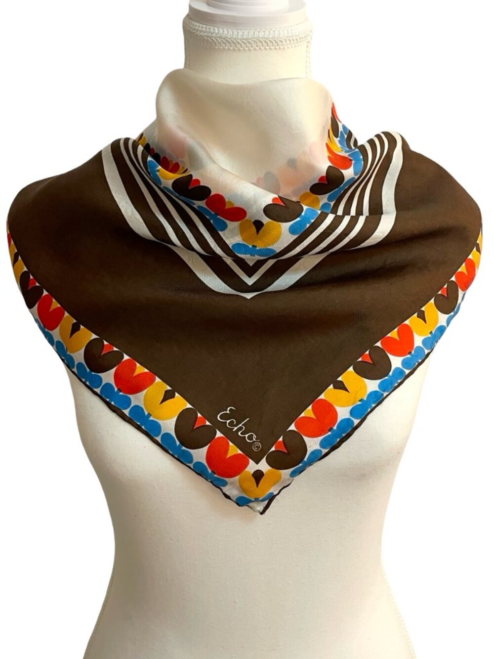 Echo 100% Silk Geometric Heart Print Scarf Brown Multicolor Retro Square